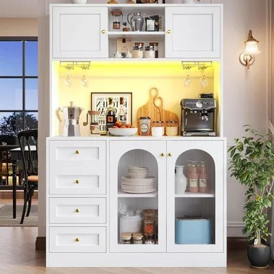 Productafbeelding van Buffetkast Keuken - Opbergkast Hoge Kast - Keuken Organiseren - Met LED Verlichting - 120x40x188 cm - Wit