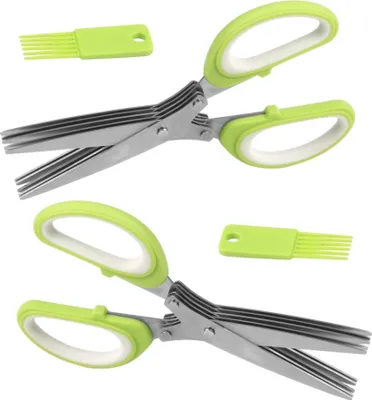 Two sets of multi-blade herb scissors with green handles and a small green cleaning brush are displayed against a white background.