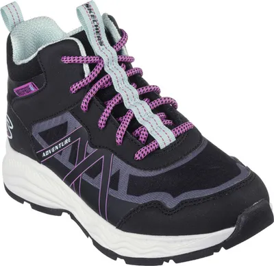 A single black and purple Skechers girls' hiking boot is shown against a white background.