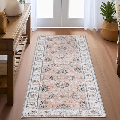 Läuferteppich 60x210 cm, rutschfest, rosa, Vintage, Blumenmuster
