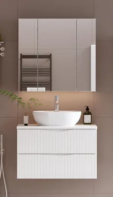 Produktbild von Badmöbel-Set 2-teilig mit 80 cm Waschtisch & Spiegelschrank in weiß mit gerillter Front - CALURI-140
