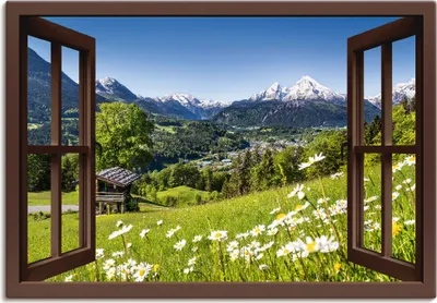 Produktbild von ARTland Leinwandbild Bayerischen Alpen, braunes Fenster Größe: 100x70 cm