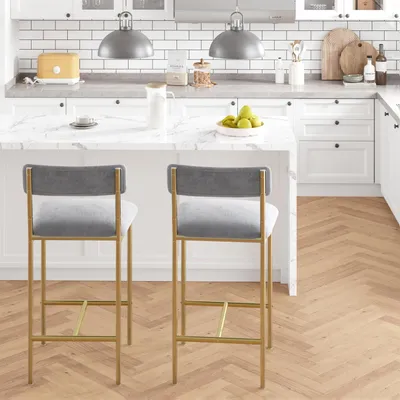 Produktbild von 2er Set Barhocker mit Rückenlehne und Fußstütze, 64,8 cm, Gold/Grau