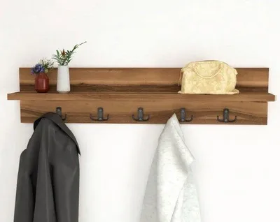 Image de Portemanteau mural avec étagère, 10 crochets, 80 cm, aspect bois noyer, métal