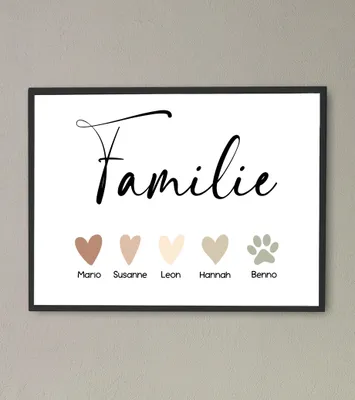 Produktbild von Personalisiertes Familienposter mit/ohne Haustier | Poster von deinen Liebsten – A4 (21x29.7cm) / schwarzer Bilderrahmen