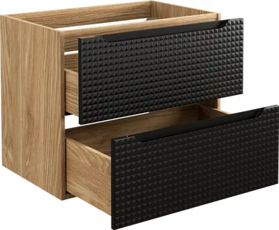 Image de Armoire De Salle De Bain Moderne Noire 70 Cm Avec Chêne Et 2 Tiroirs Sous Le Lavabo