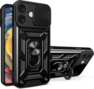 A black iPhone case with a camera protector and ring holder is shown from two angles against a white background.