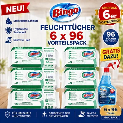Produktbild von Bingo Grün 6x96 Blatt Frische Brise Reinigungstücher + Glasreiniger GRATIS