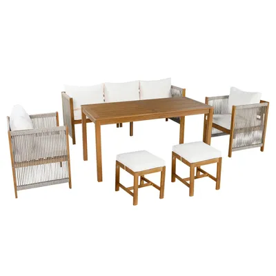 Produktbild von Garten-Esstisch-Set, Garten-Loungestuhl-Set, 6-teiliges Set. Gartenmöbel-Set, 3er-Sofa, 2 Einzelsofas, 2 Hocker, Esstisch, Akazien-Tischplatte, Beige
