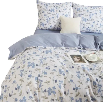 Zdjęcie produktu dla Pościel W Kwiaty Niebieska 160X200 + 2 Poszewki 70X80 Satyna Bawełniana