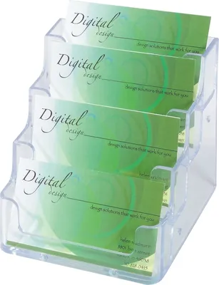 Produktbild von Visitenkartenständer 99x35x45mm glasklar Hartplastik 4 Fächer Packung mit 12 Stück