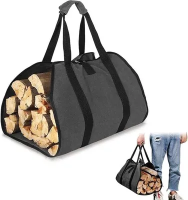 Zdjęcie produktu dla Pokrowiec na drewno do kominka, duży pojemnik do transportu drewna z wytrzymałymi, antypoślizgowymi uchwytami. Pojemnik na drewno do pieców i do użytku podczas kempingu (czarny)