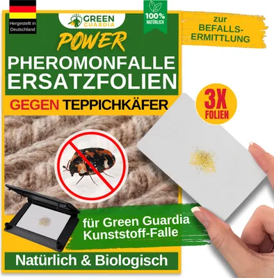 Produktbild von Green Guardia Ersatzklebeflächen mit Pheromon-Lockstoff-3x Fallen- Nachfüll-Set für Kunststoff-Fallen, Teppichkäfer Falle, Natürlich & Wirksam