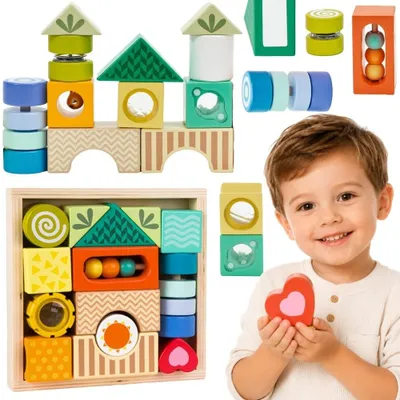 Produktbild von Classic World Sinnesblöcke aus Holz, 7 Funktionen, multifunktionale Puzzleformen, Klang, Montessori, 14-tlg.