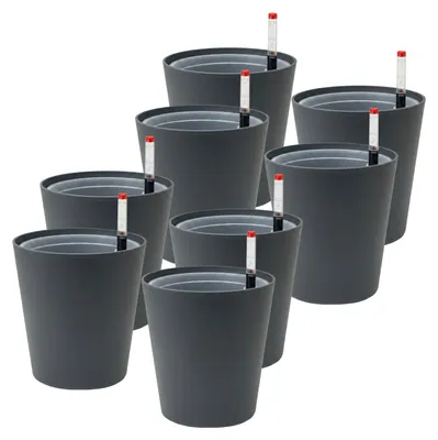 Produktbild von Leni FLORI orchid Orchideentöpfe 8er Komplett-Set Ø 13 cm H 15 cm Anthrazit mit Übertopf Innentopf Drainagescheibe und Gießanzeiger Kunststoff zum Umtopfen für Orchideen