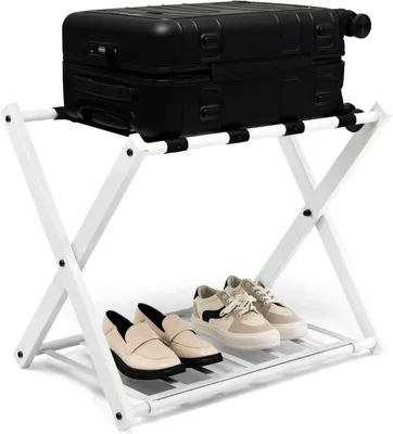 Produktbild von GOPLUS Kofferständer klappbar, Gepäckablage aus Metall bis 60kg belastbar, Kofferablage mit darunter liegendem Schuhregal, Kofferhocker für Hotel & Zuhause, 64x43x58 cm (Weiß)