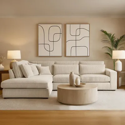 Produktbild von BEAUTYSOFA | Designer - Ecksofa PARMA, L-Form Eckcouch mit Ottomane links, Modernes Sofa Velours Soft Touch in Creme mit Kissen
