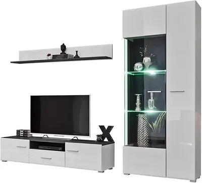 Produktbild von Wohnwand Schrankwand SOLIDO SINGLE - Weiß Hochglanz mit LED Beleuchtung TV Wand [Norwegische Kiefer Schwarz / Weiß Hochglanz]