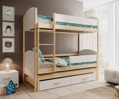 Obrázek produktu pro Patrová postel s přistýlkou a úložným prostorem 90x200 GETLA - bílá / borovice