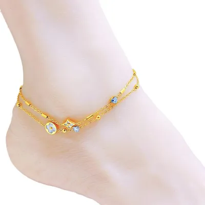 Image de Bracelet de cheville double fleur en acier doré