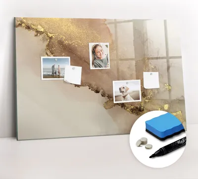 Produktbild von Magnetpinnwand Memoboard - Zubehörsatz - Schwarzer Marker + Schwamm + Magnete - 90 x 60 cm - Goldener Marmor