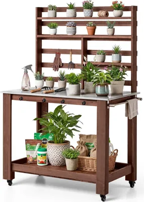 Image de Table de rempotage VEVOR, table de jardinage, table de jardinage avec plateau en acier inoxydable, étagères, 4 roulettes, crochets, table à fleurs, table de rempotage pour terrasse et jardin, marron, style étagère 1150x660x1695 mm