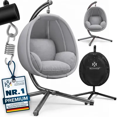 Produktbild von KESSER® Luxe Hängesessel mit Gestell + weicher Sitzkissen, Seitenpolsterung, Sitz- und Rückenkissen Hängekorb Indoor & Outdoor, Garten Schaukel Korb Hängestuhl Stabiler Standfuß, max. 150 kg