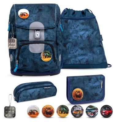 Produktbild von Belmil Motion ergonomisches Schulranzen Set 5-teilig "Blue Splash" aus recyceltem Material mit Brustgurt, Hüftgurt, Magnetverschluss, Patch Set 6 Stück