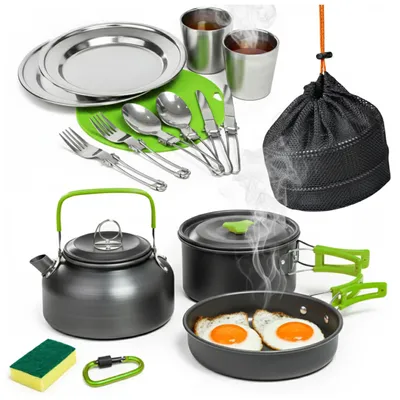 Produktbild von Camping Kochgeschirr für Outdoor Kochausrüstung multifunktional 10-teilig für 2 Personen Grün