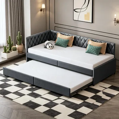 Produktbild von INONEFT Polsterbett Schlafsofa 90x200 cm, Einzelbett mit Ausziehbett, Bettgestell mit Lattenrost, L-förmiges Gästebett Daybett Tagesbett, Samt, Grau