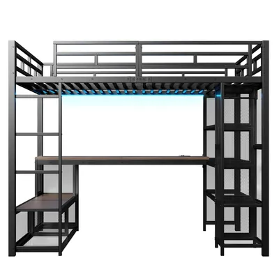 Produktbild von Merax Etagenbett Hochbett 140x200 mit Schreibtisch, Regale, offenem Kleiderschrank, USB, LED-Beleuchtung, Metall Kinderbett, Stockbett, Schwarz