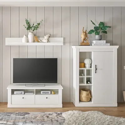 Produktbild von Wohnwand in Pinie weiß mit Highboard, 3-teilig, Landhaus-Stil - RAPLA-61