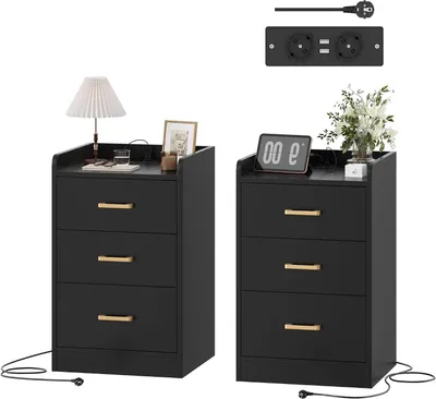 Obrázok produktu pre Nočné stolíky – Príkonové stolíky – Nabíjanie a ukladanie – Integrovaná zásuvka – 40 x 38 x 66 cm – Čierna farba
