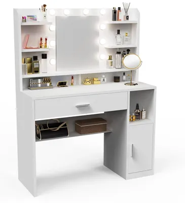 Image de Coiffeuse - Modèle GS02 - Avec miroir - Éclairage LED réglable - 1 tiroir - 108 x 40 x 140 cm - Sans tabouret - Blanc