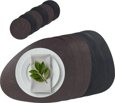Produktbild von Platzset 2in1 Wende-Tischunterlage Kunstleder oval, Platzdeckchen 40x31cm Nierenform (braun/schwarz) 6er Set inklusive Glasuntersetzer