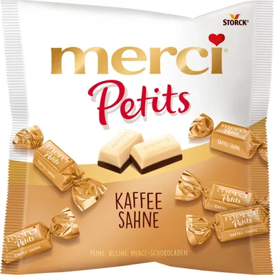 A bag of Merci Petits Kaffee Sahne chocolates on a white background.