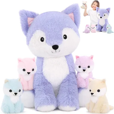 Produktbild von Plüschfuchs 48 cm, lila, mit 4 Babys, Kinderspielzeug, für Kinder
