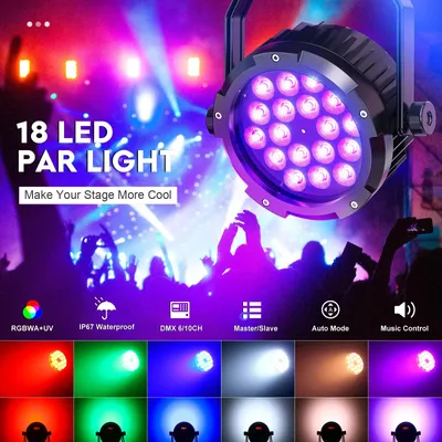 Image de Projecteur LED PAR - Éclairage de scène DMX - 150 W, 18 x 10 W RGBWA+UV 6-en-1 - Étanche - DMX512 - 1 pièce - Prise EU