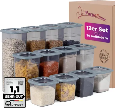 Image de Ensemble de 12 boîtes de conservation Parpalinam avec étiquettes. Boîtes de conservation en plastique hermétiques avec couvercles, empilables, de couleur anthracite, adaptées au congélateur