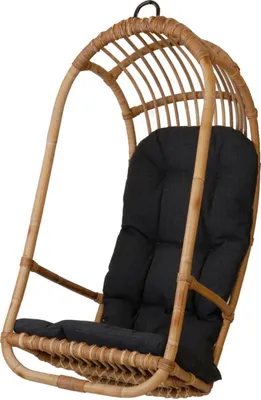A hanging rattan chair with a dark cushion, isolated on a white background.