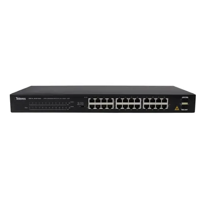 Immagine prodotto di Switch L2 non gestito, 24 porte GbE PoE+, 2 porte SFP, 19 pollici, involucro in metallo