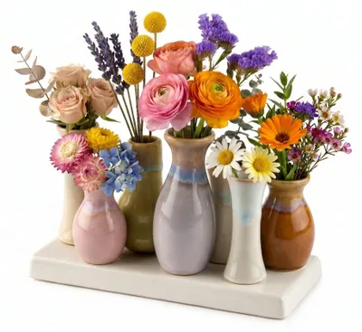 Produktbild von Handgefertigte kleine Keramik Deko Blumenvasen Set aus 7 Vasen in cozy