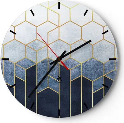 Produktbild von Wanduhr - Rund - Glasuhr - Abstraktion Figuren Geometrisch - 30x30cm - Schleichendes Uhrwerk - Lautlos - zum Aufhängen bereit - Dekoration Modern - Wanddekoration aus Glas - C3AR30x30-5135
