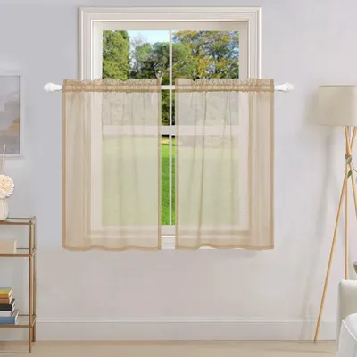 Produktbild von Scheibengardinen Wasserabweisend Vorhänge Bistrogardine Transparent Voile Küchen Vorhang Gardinen, 2 Stück, Khaki, B85xH91cm