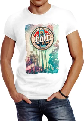 Produktbild von Herren T-Shirt California Beach Sunset Palmen Retro Slim Fit Neverless® weiß S