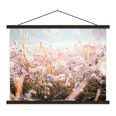 Produktbild von MuchoWow® Textilposter Gras - Sonne - Winter - Schnee 40x30 cm mit schwarzem Rahmen - Dekorationen