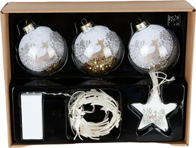 Produktbild von Deko-Geschenkset Baumschmuck Rentier 10tlg Glaskugeln, Lichterkette und Anhänger