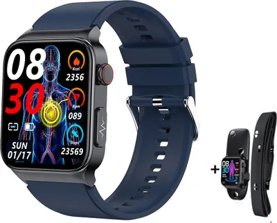 A smartwatch with a blue strap is displayed, along with a smaller smartwatch and a black strap accessory. The smartwatch screen shows health and fitness data.