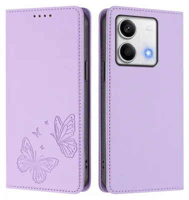 Obrázek produktu pro Kožené pouzdro pro Xiaomi Redmi Note 13 5G, motýlí ražbou, peněženkové flip pouzdro se stojánkem Světle fialová