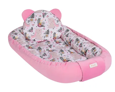 Produktbild von Premium Leinen Babynestchen mit Kissen | 100% Natur-VELVET Kokon für Babys | Atmungsaktives Neugeborenen Kuschelbett Boho | Farbe: Rosa